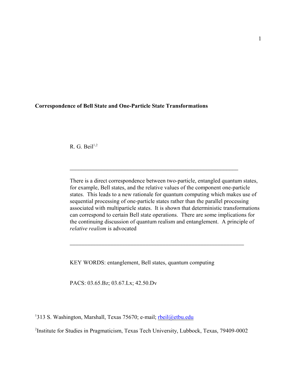 1 Correspondence of Bell State and One-Particle State