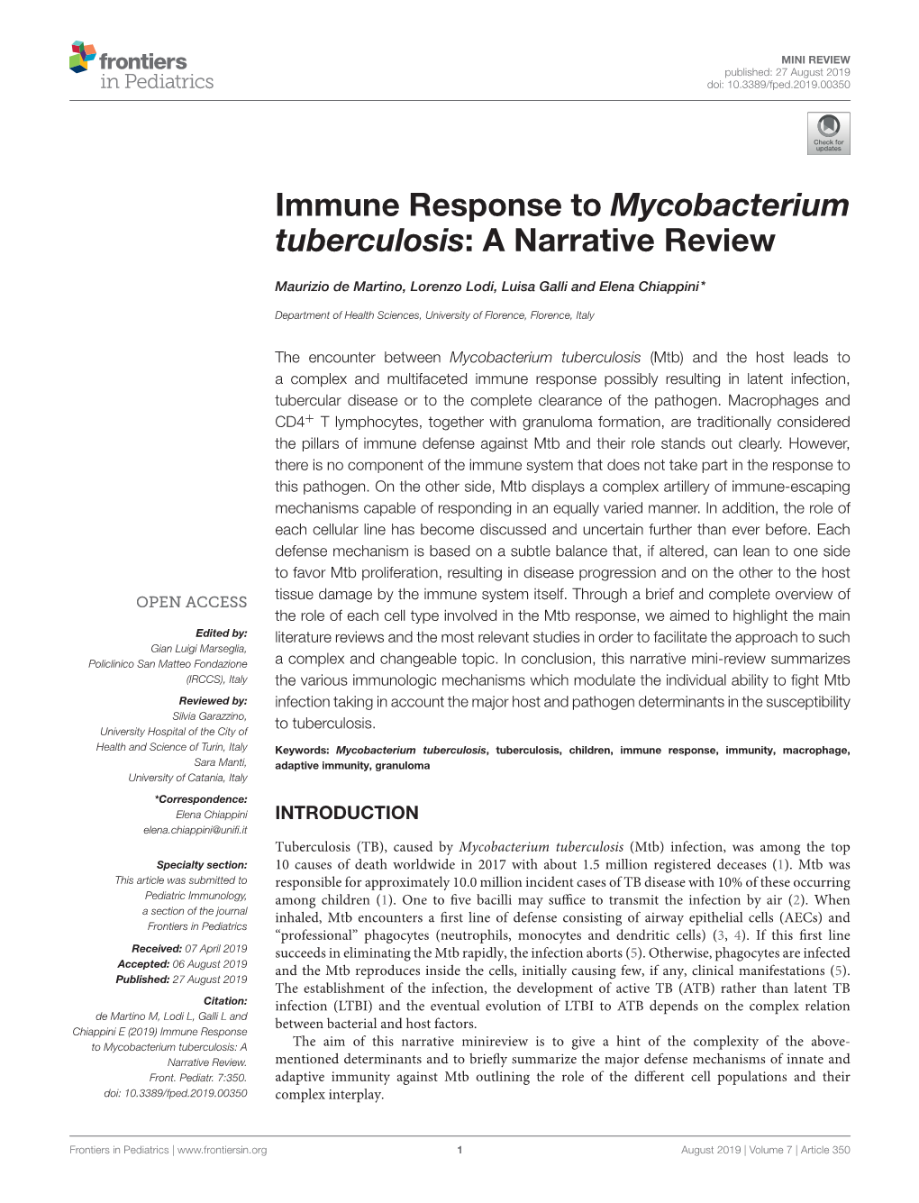 Immune Response to Mycobacterium Tuberculosis: a Narrative Review