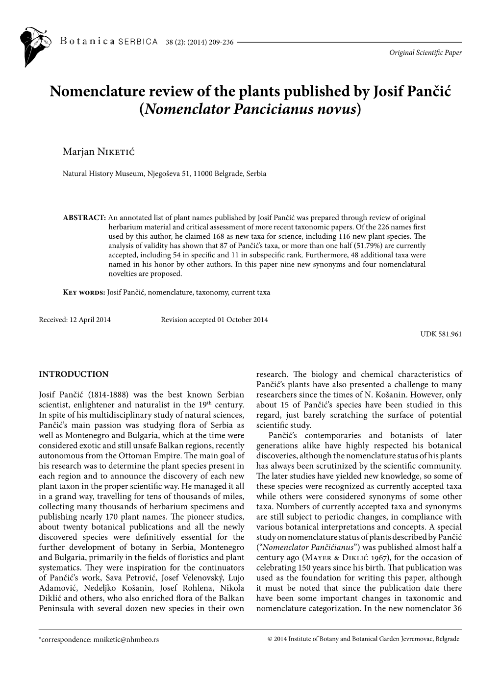 Nomenclature Review of the Plants Published by Josif Pančić (Nomenclator Pancicianus Novus)