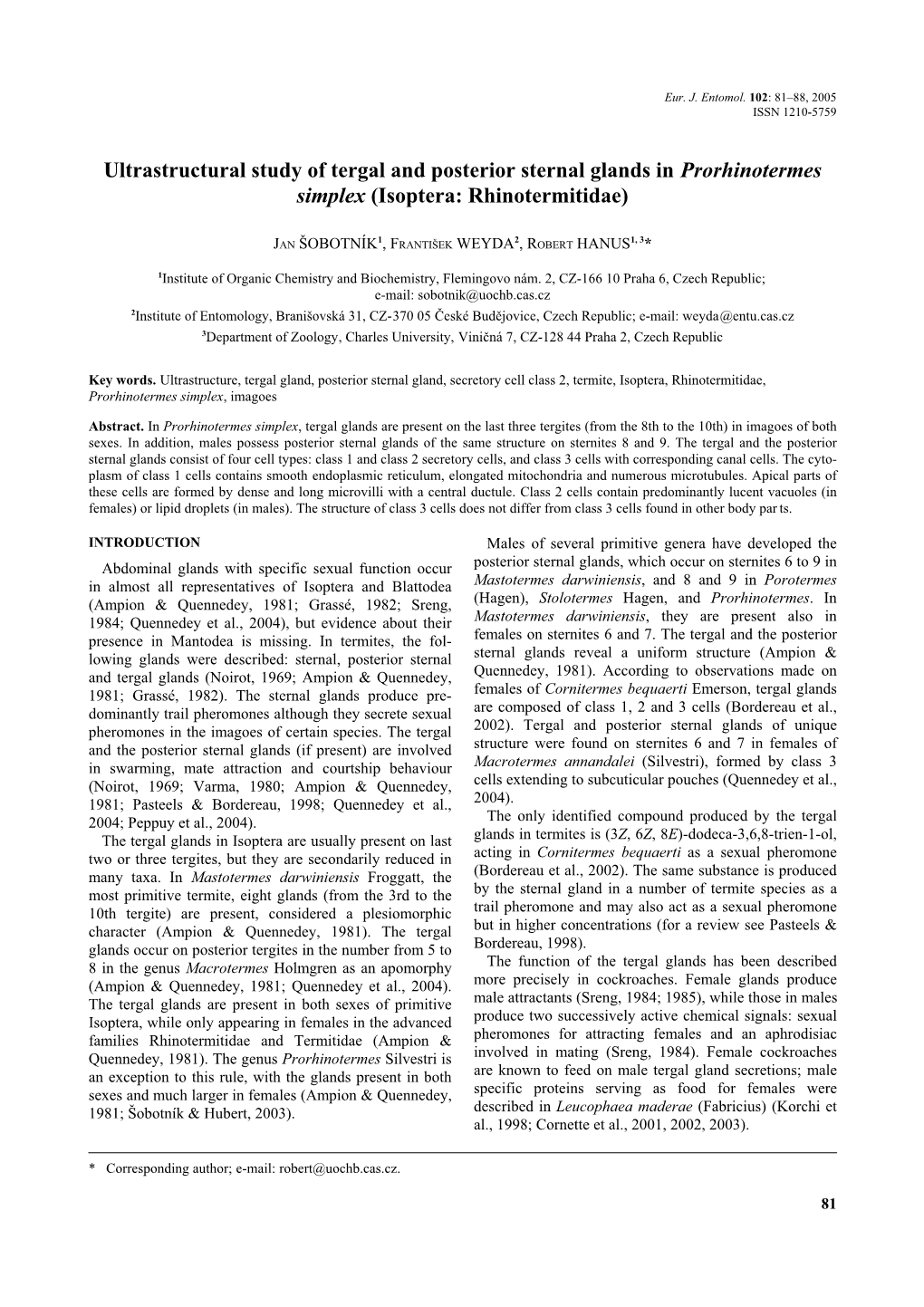 Ultrastructural Study of Tergal and Posterior Sternal Glands in Prorhinotermes Simplex (Isoptera: Rhinotermitidae)