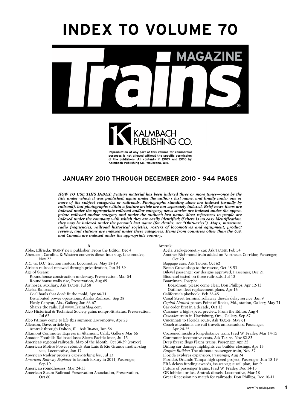 Trains 2010 Index