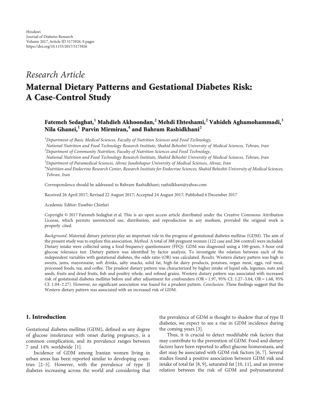 Research Article Maternal Dietary Patterns and Gestational Diabetes Risk: a Case-Control Study