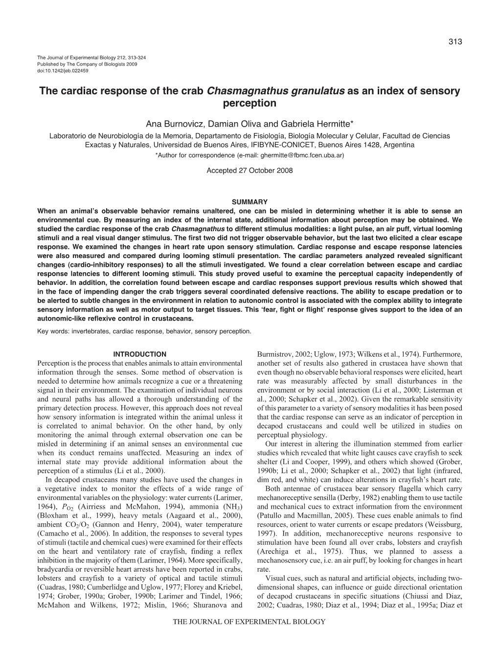 The Cardiac Response of the Crab Chasmagnathus Granulatus As an Index of Sensory Perception