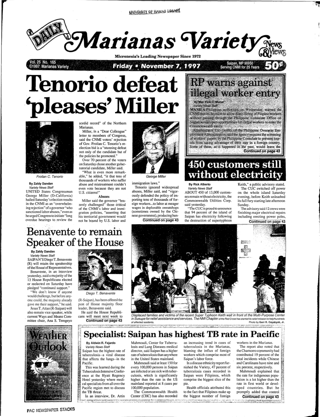 Tenorio Defeat 'Pleases' Miller Sordid Record" of the Northern Marianas