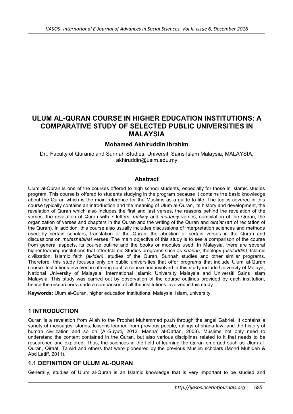 Ulum Al-Quran Course in Higher Education Institutions