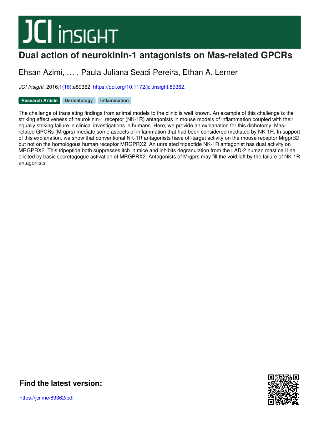 Dual Action of Neurokinin-1 Antagonists on Mas-Related Gpcrs