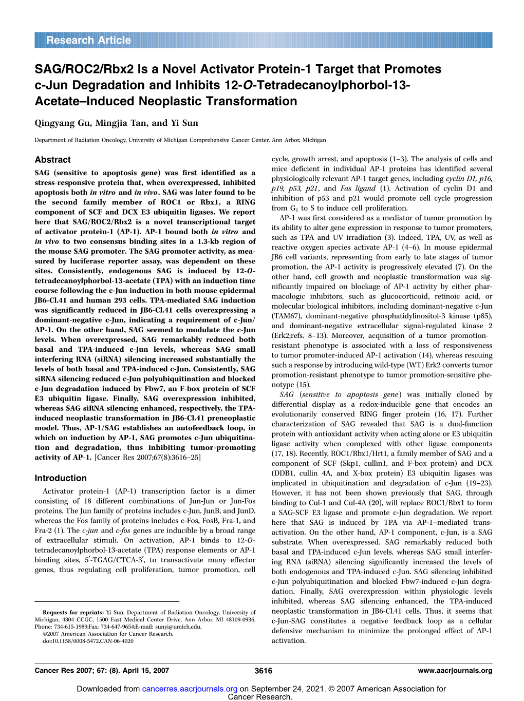 SAG/ROC2/Rbx2 Is a Novel Activator Protein-1 Target That Promotes C-Jun Degradation and Inhibits 12-O-Tetradecanoylphorbol-13- A