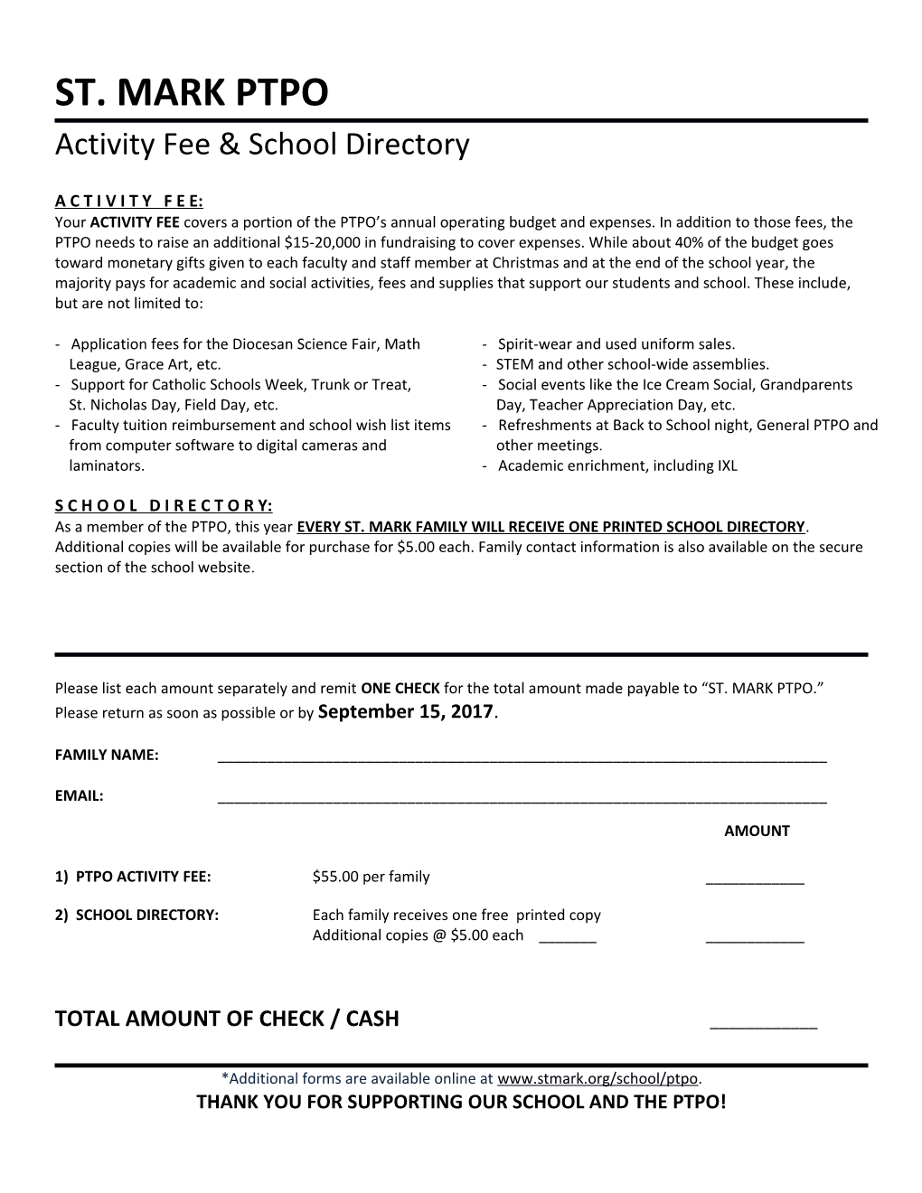 Activity Fee & School Directory