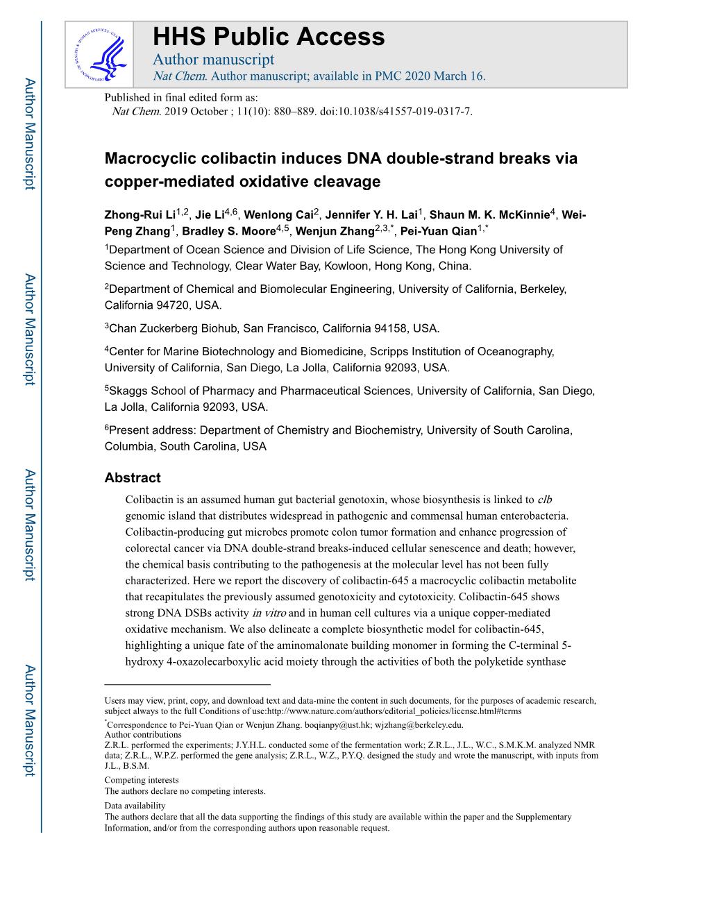 Macrocyclic Colibactin Induces DNA Double-Strand Breaks Via Copper-Mediated Oxidative Cleavage