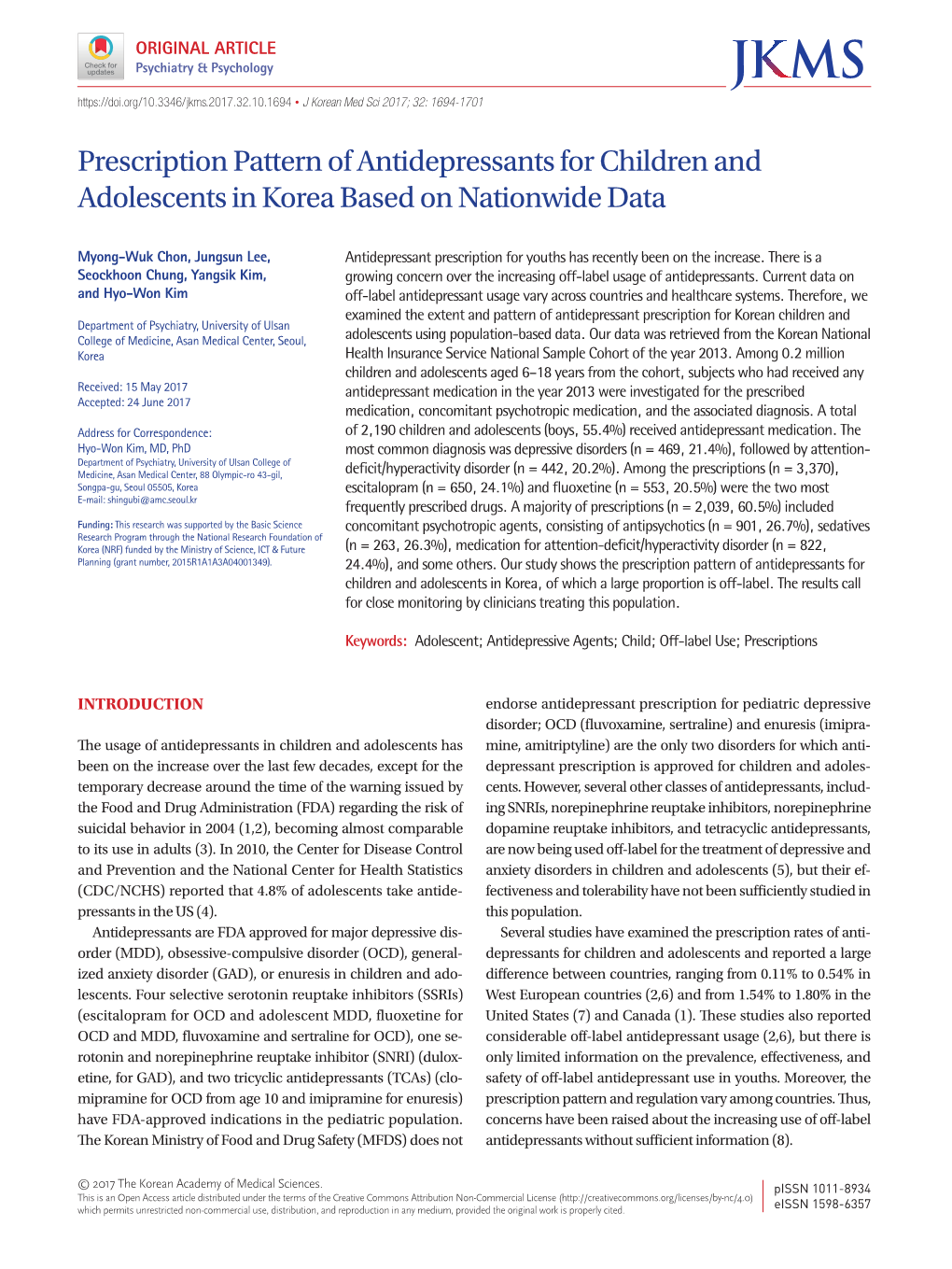 Prescription Pattern of Antidepressants for Children and Adolescents in Korea Based on Nationwide Data