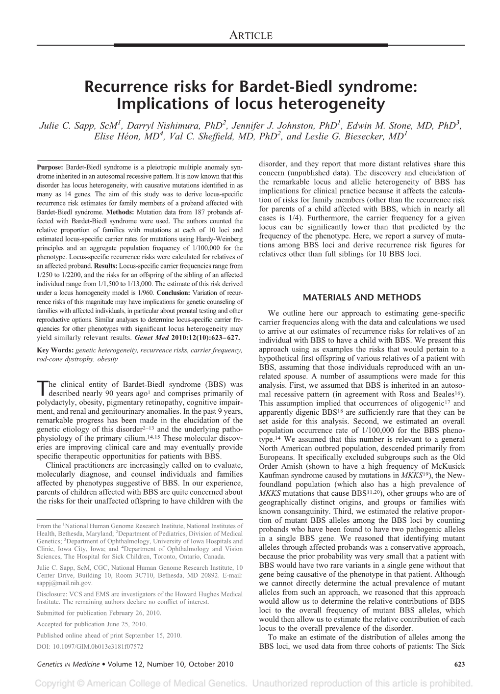 Recurrence Risks for Bardet-Biedl Syndrome: Implications of Locus Heterogeneity Julie C