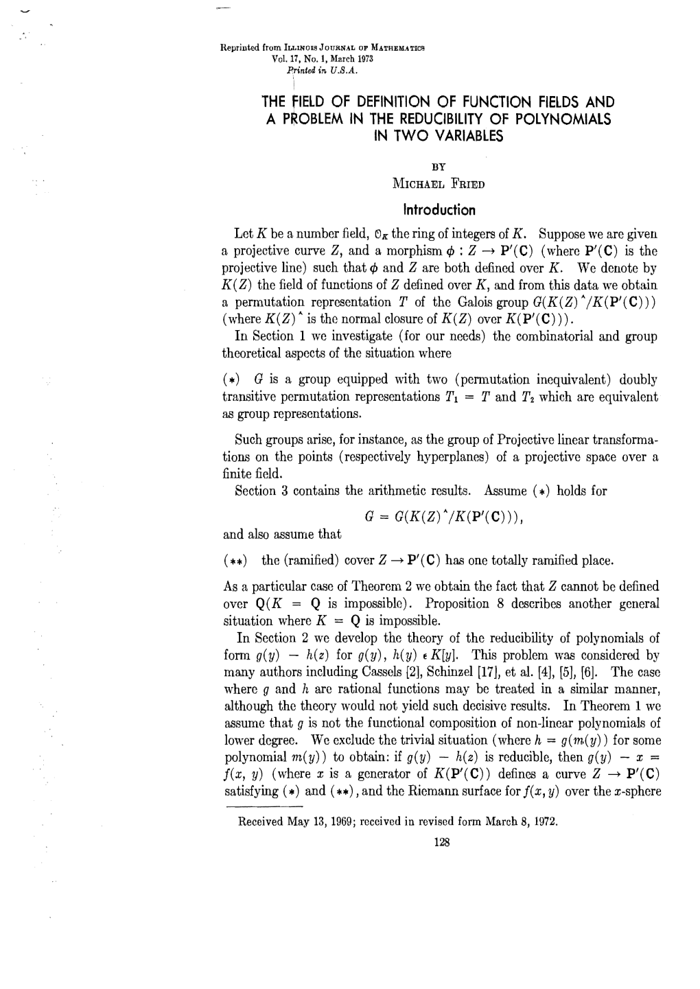 The Field of Definition of Function Fields and a Problem in the Reducibility of Polynomials in Two Variables