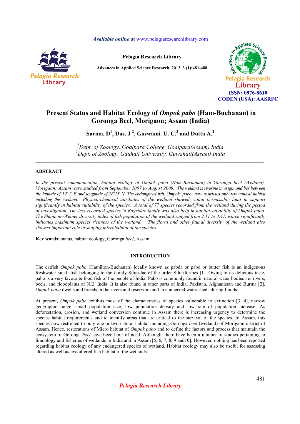 Present Status and Habitat Ecology of Ompok Pabo (Ham-Buchanan) in Goronga Beel, Morigaon; Assam (India)