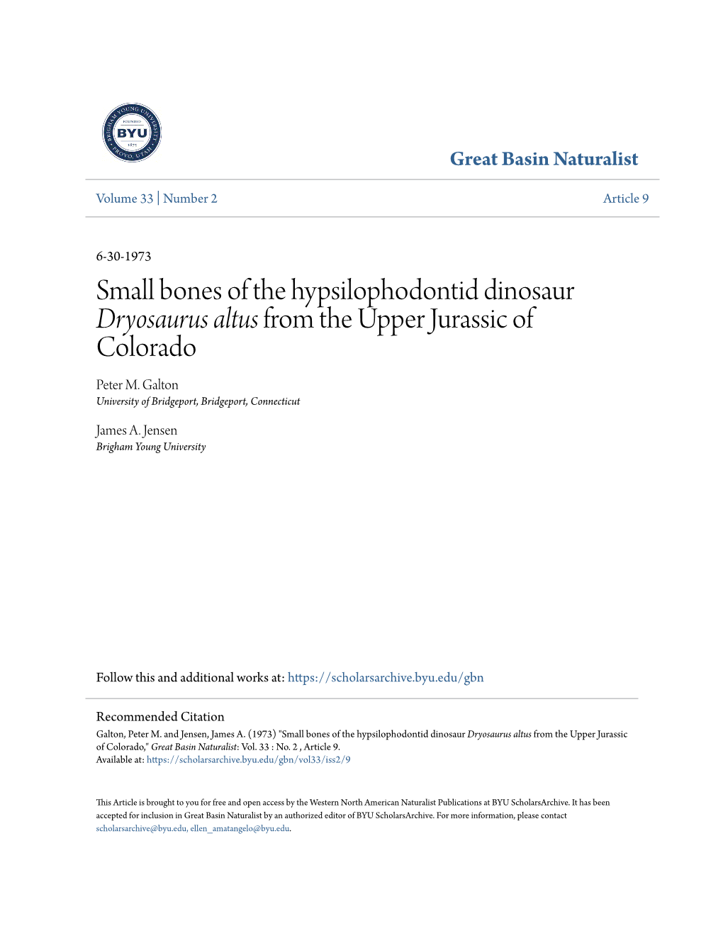 Small Bones of the Hypsilophodontid Dinosaur Dryosaurus Altus from the Upper Jurassic of Colorado Peter M