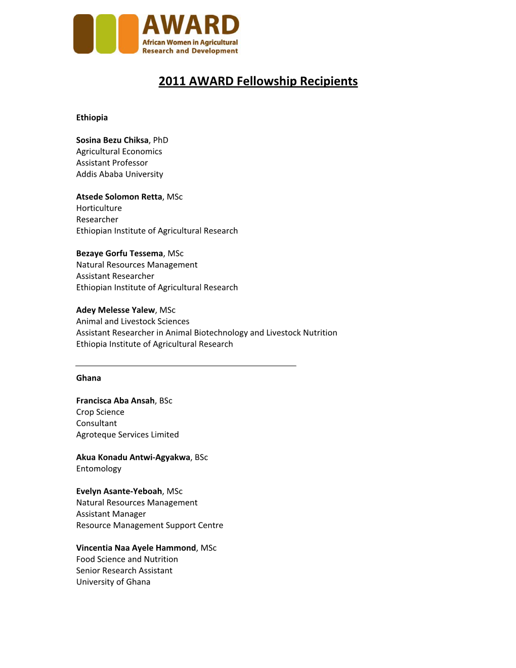 2011 AWARD Fellowship Recipients