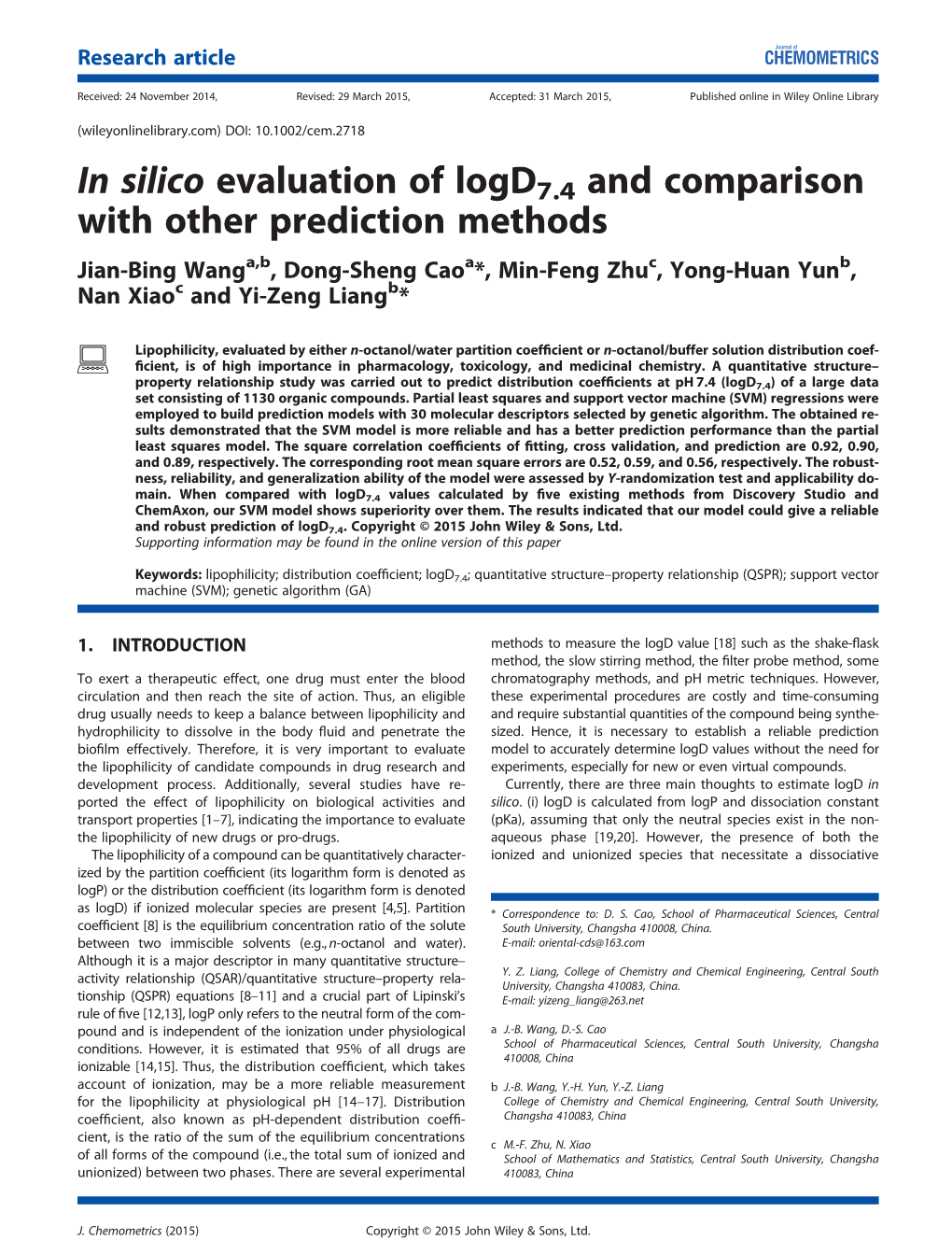 In Silico Evaluation of Logd7.4 and Comparison with Other Prediction