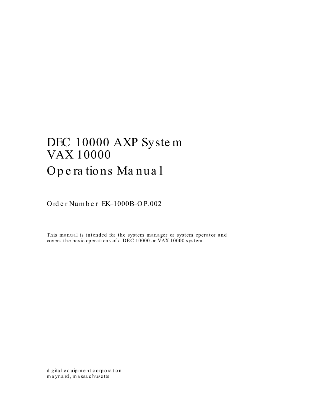 DEC 10000 AXP, VAX 10000 Operations Manual