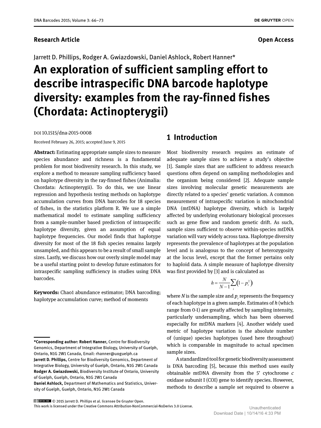 An Exploration of Sufficient Sampling Effort to Describe Intraspecific DNA Barcode Haplotype Diversity: Examples from the Ray-Finned Fishes (Chordata: Actinopterygii)