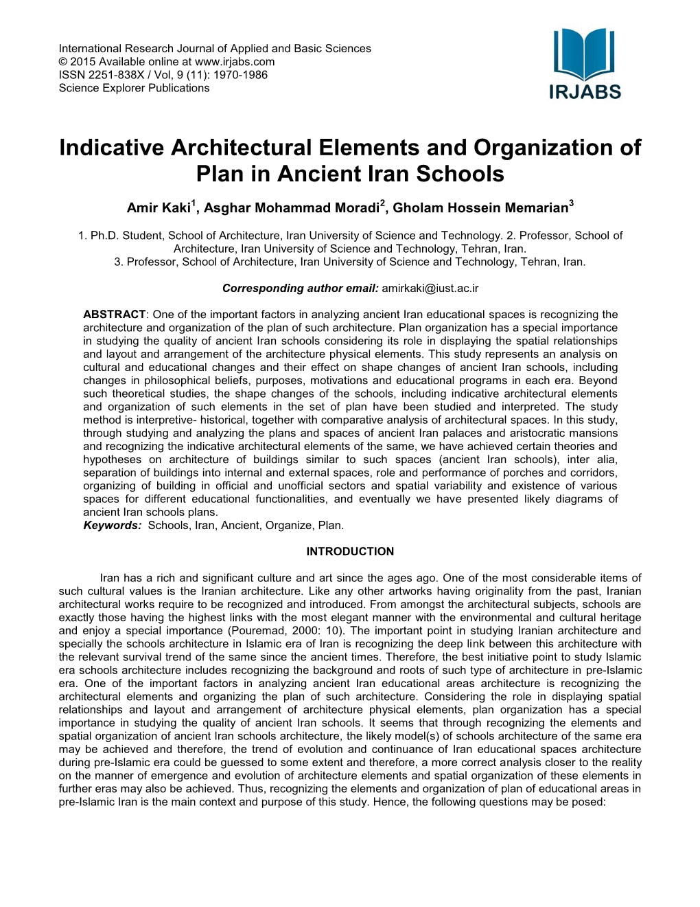 Indicative Architectural Elements and Organization of Plan in Ancient Iran Schools