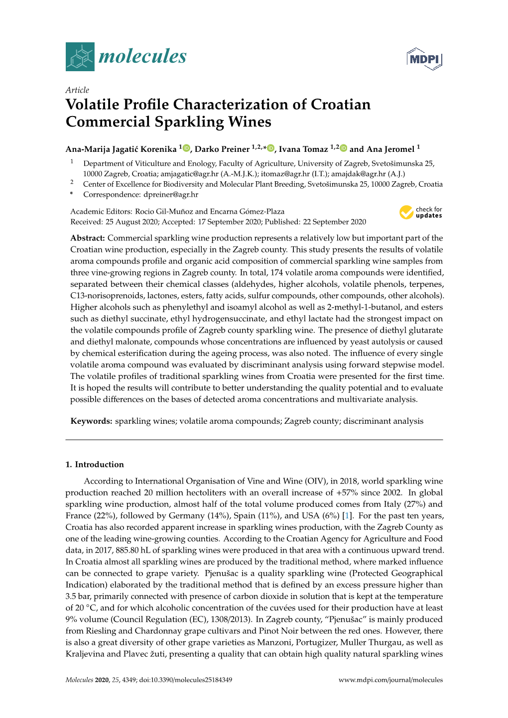 Volatile Profile Characterization of Croatian Commercial Sparkling