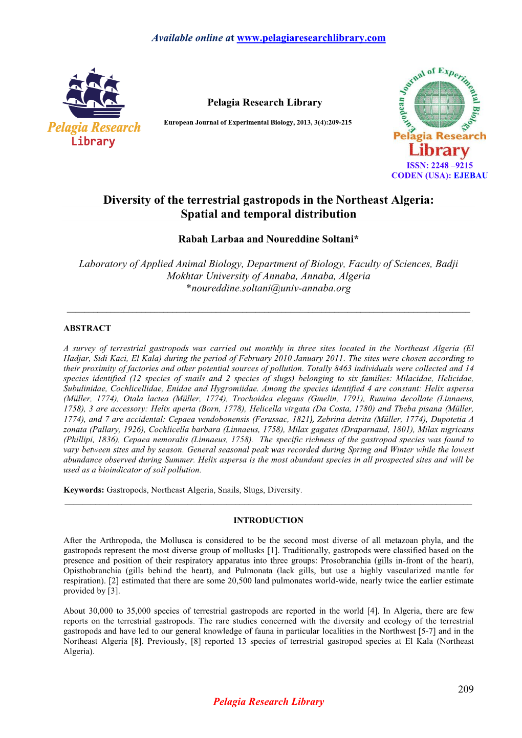 Diversity of the Terrestrial Gastropods in the Northeast Algeria: Spatial and Temporal Distribution