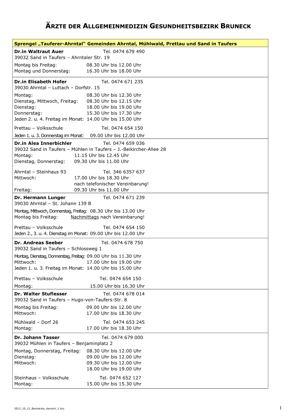 Ärzte Der Allgemeinmedizin Gesundheitsbezirk Bruneck