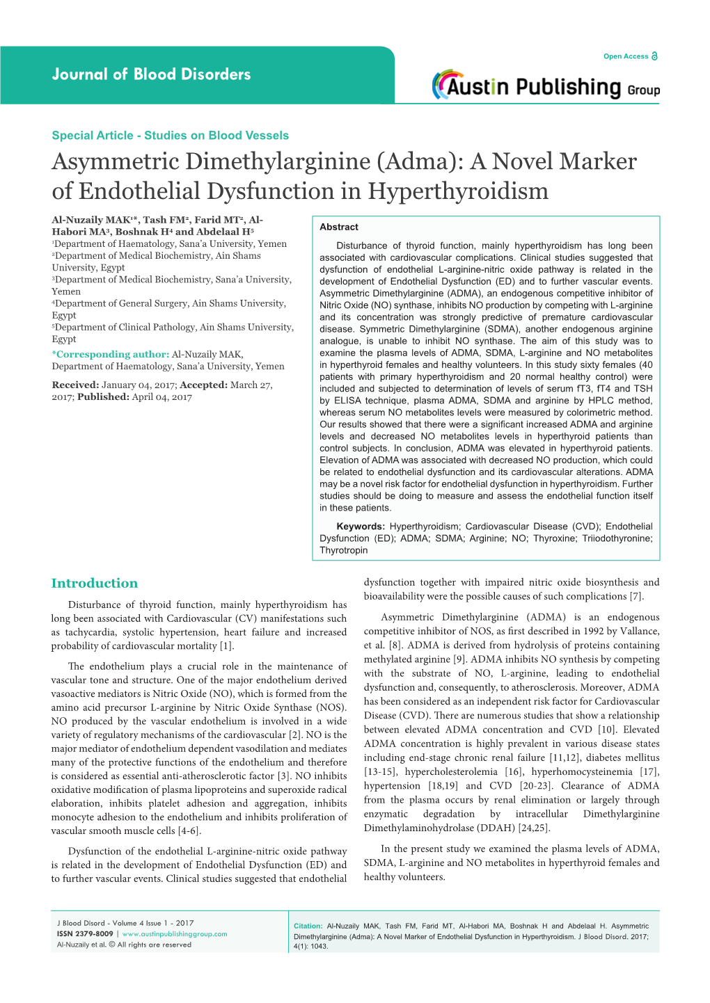 Asymmetric Dimethylarginine (Adma): a Novel Marker of Endothelial Dysfunction in Hyperthyroidism