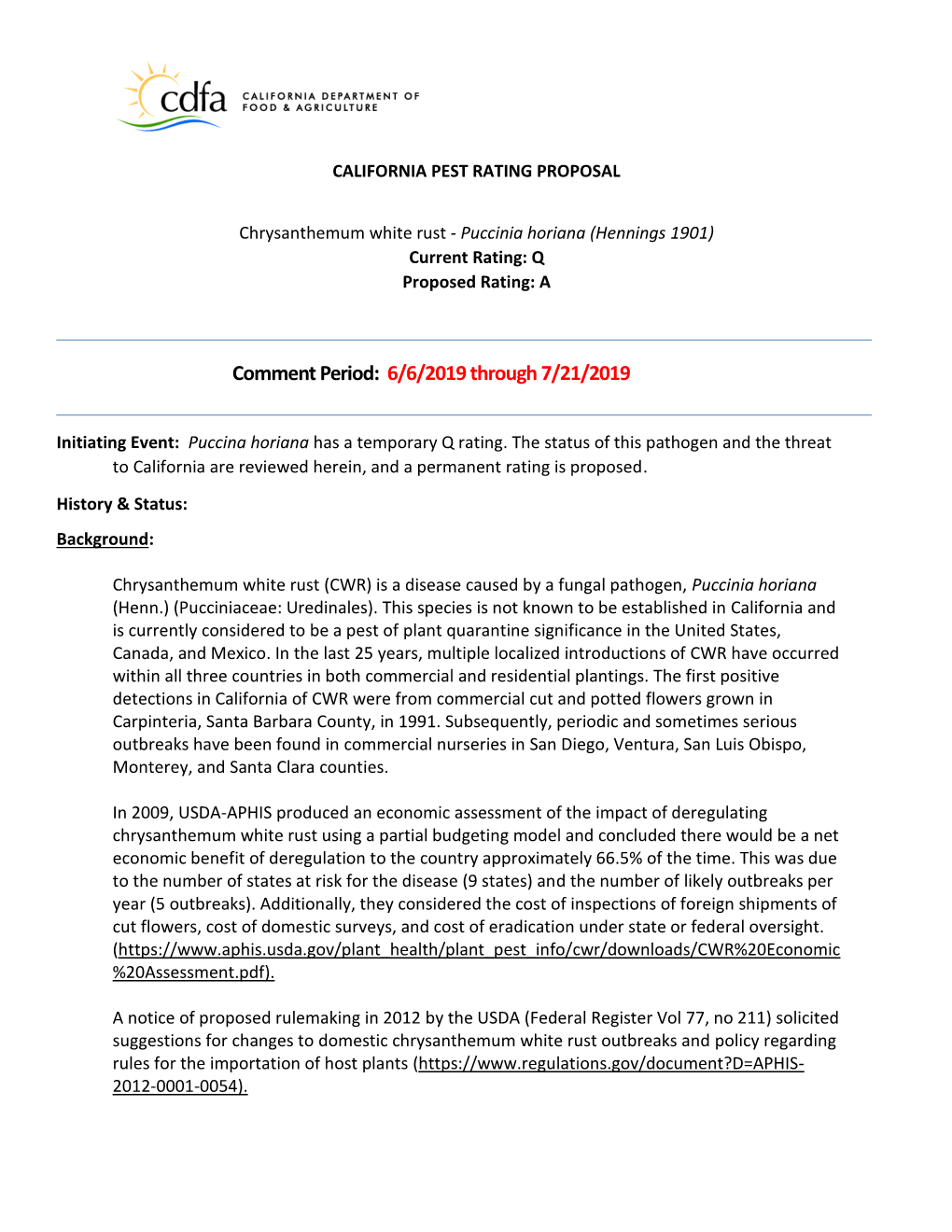 Pest Rating Proposal for Puccinia Horiana