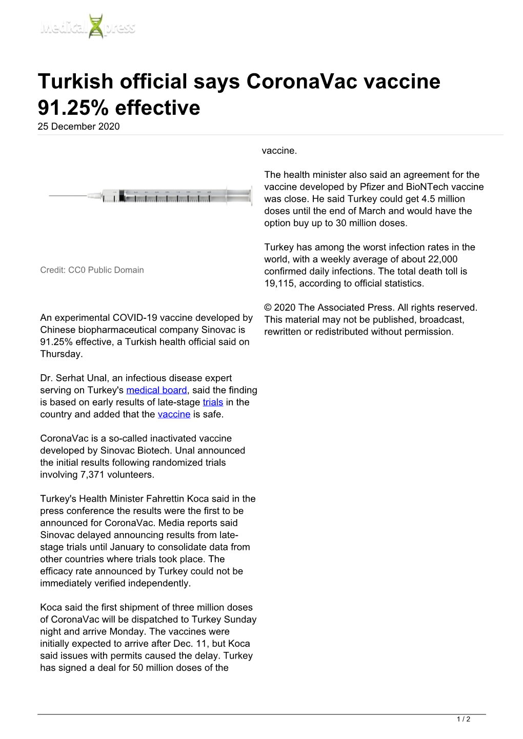 Turkish Official Says Coronavac Vaccine 91.25% Effective 25 December 2020