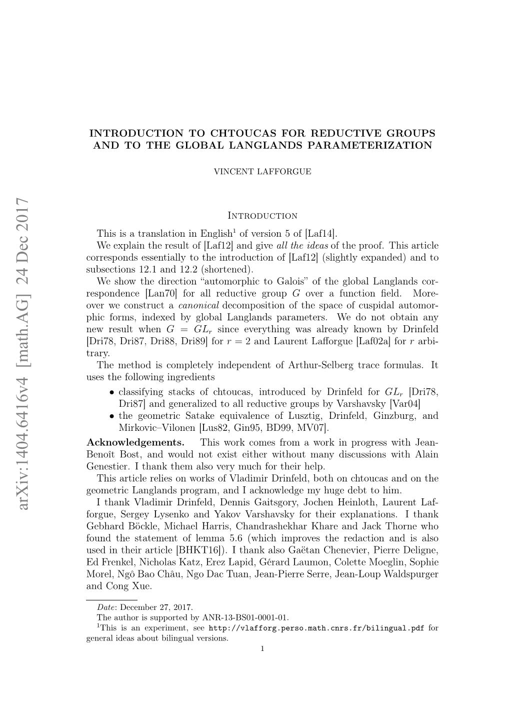 Introduction to Chtoucas for Reductive Groups and to the Global Langlands Parameterization