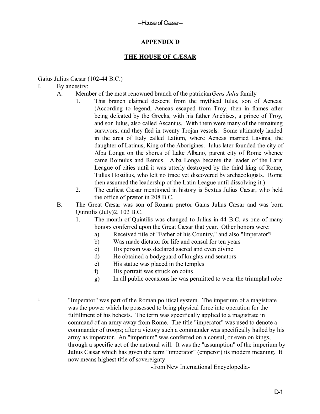House of Cæsar-- D-1 APPENDIX D the HOUSE of CÆSAR Gaius
