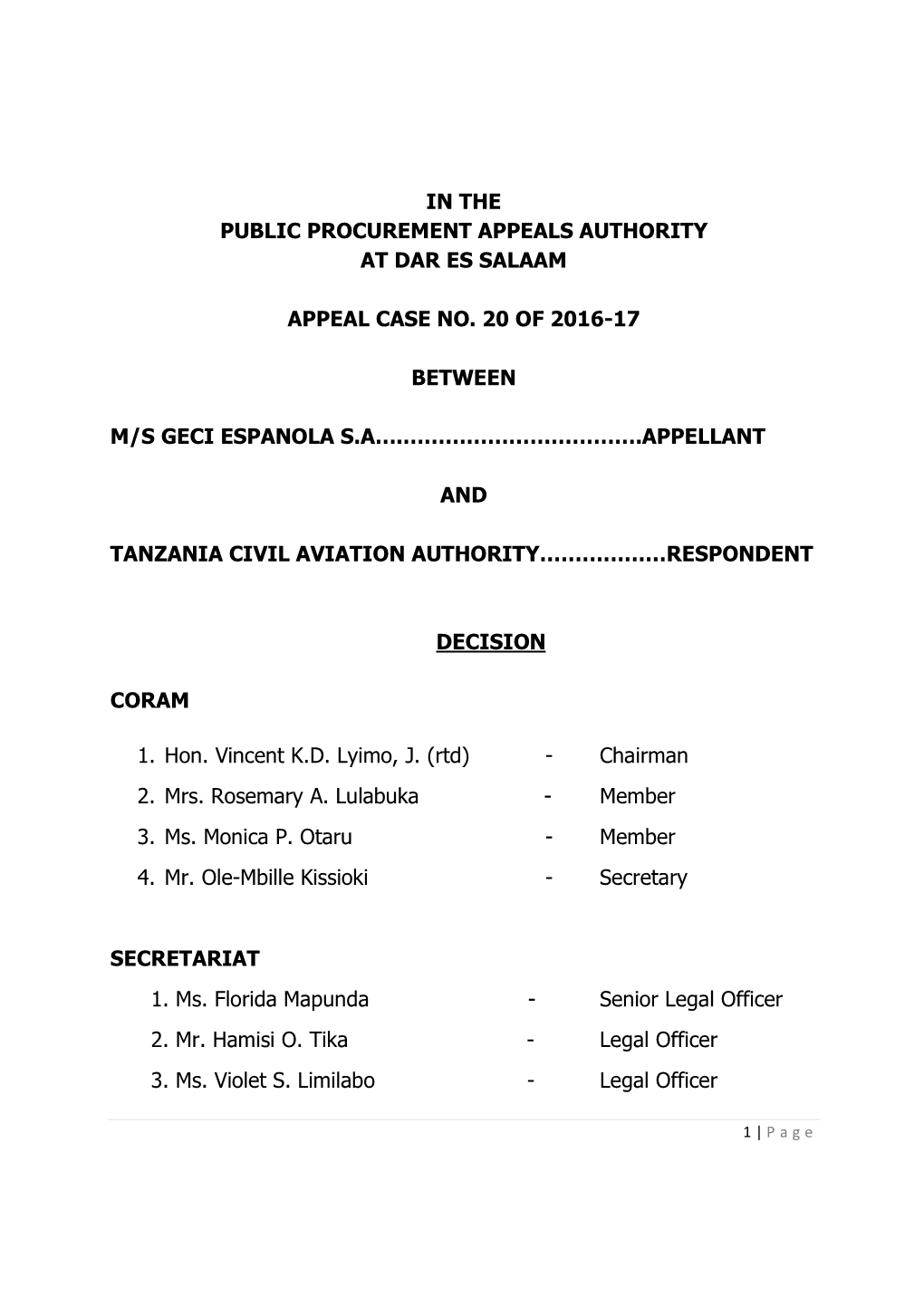 In the Public Procurement Appeals Authority at Dar Es Salaam