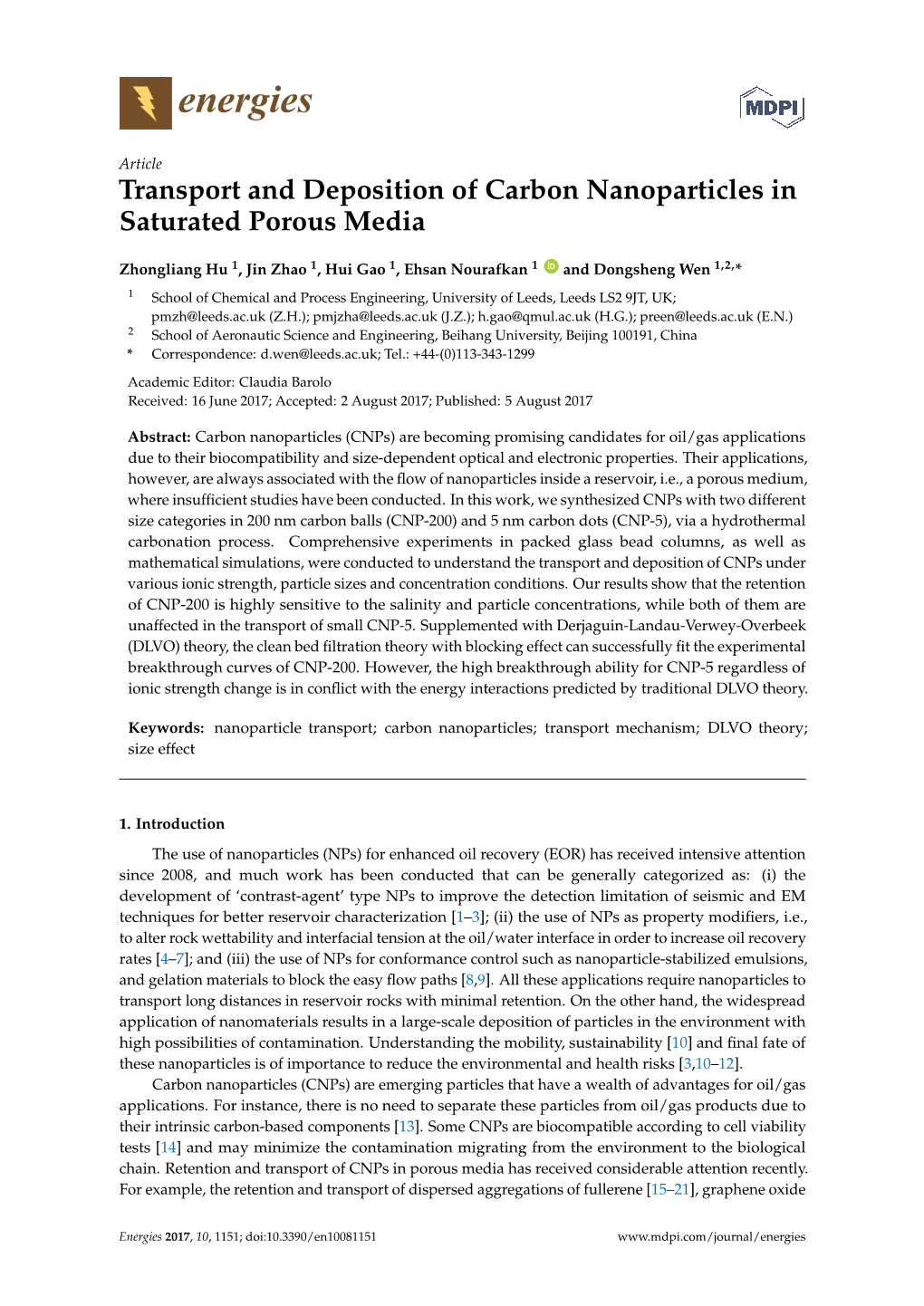 Transport and Deposition of Carbon Nanoparticles in Saturated Porous Media