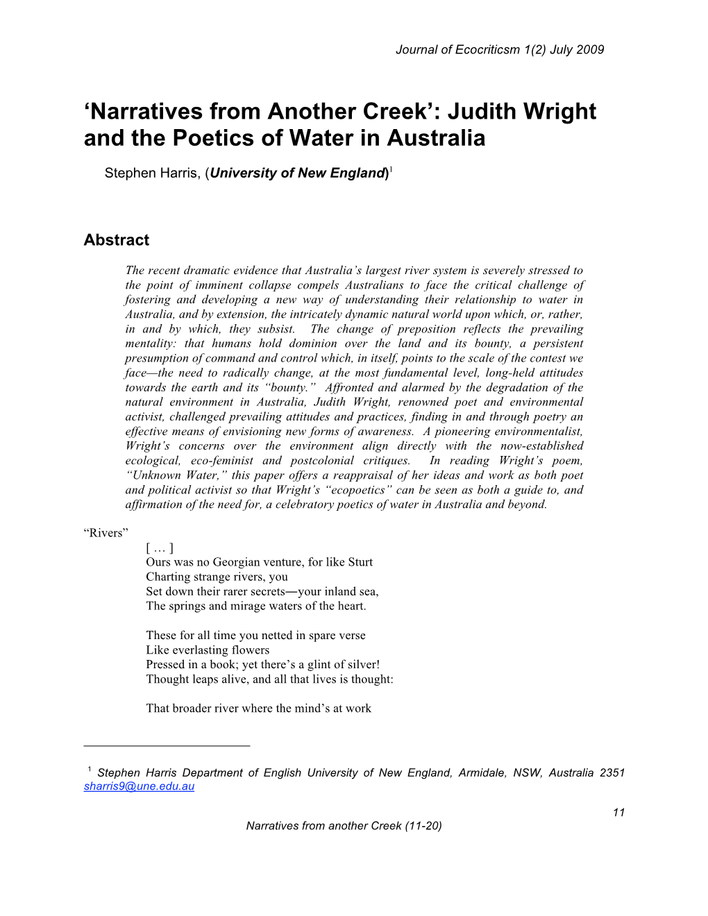 'Narratives from Another Creek': Judith Wright and the Poetics of Water In