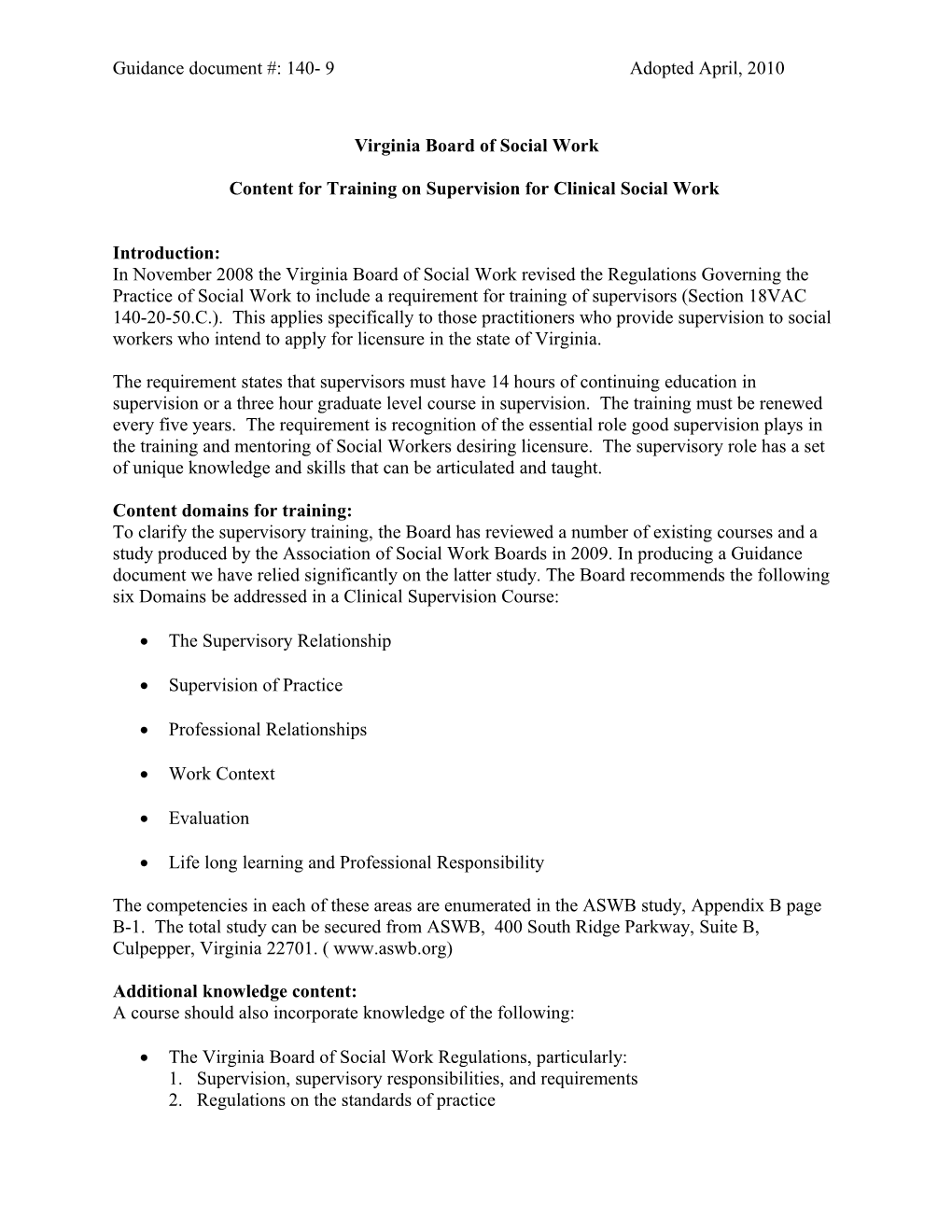 Guidance Doc 140-9 Content for Training on Supervision for Clinical Social Work