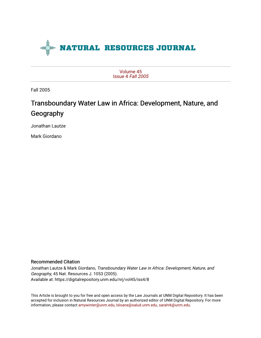 Transboundary Water Law in Africa: Development, Nature, and Geography