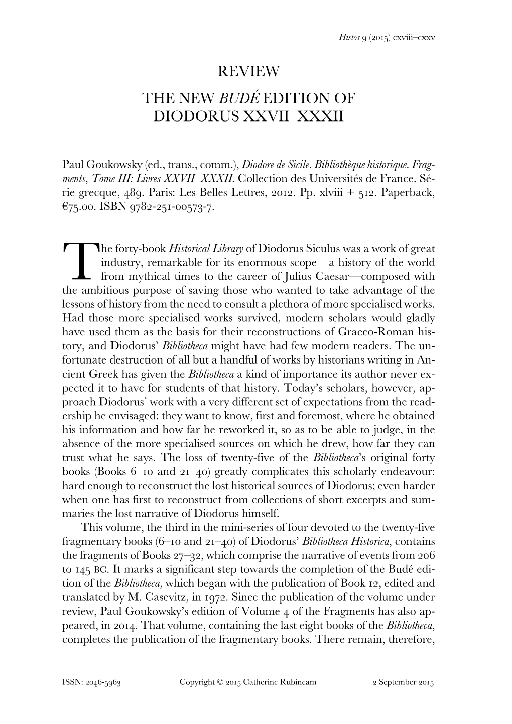 The New Budé Edition of Diodorus XXVII-XXXII