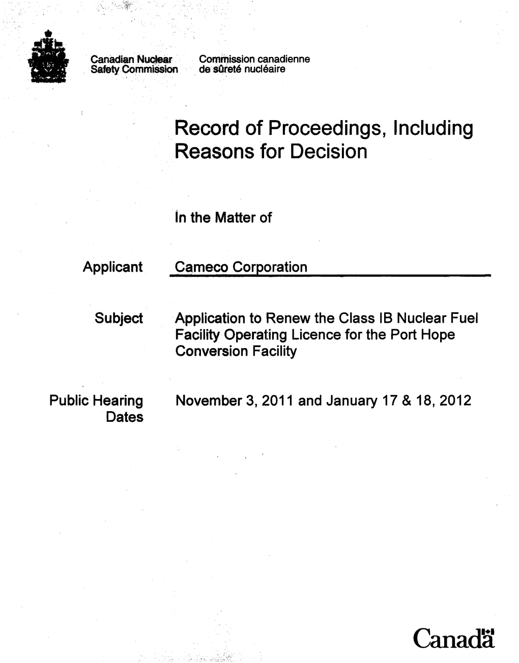 Record of Proceedings, Including Reasons for Decision