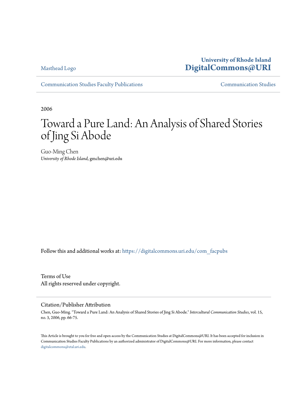 An Analysis of Shared Stories of Jing Si Abode Guo-Ming Chen University of Rhode Island, Gmchen@Uri.Edu