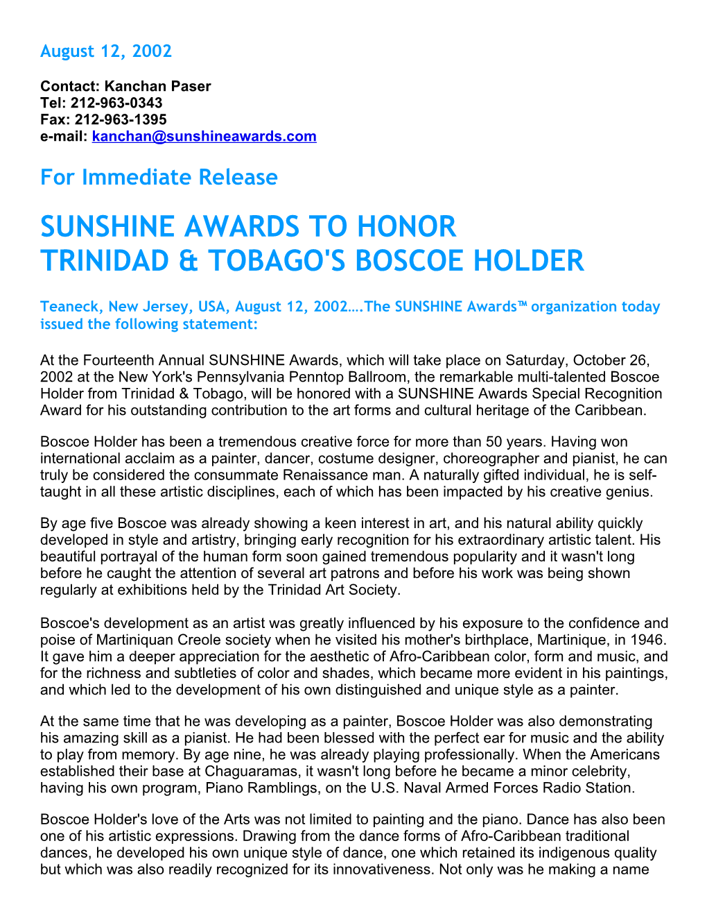 Sunshine Awards to Honor Trinidad & Tobago's Boscoe