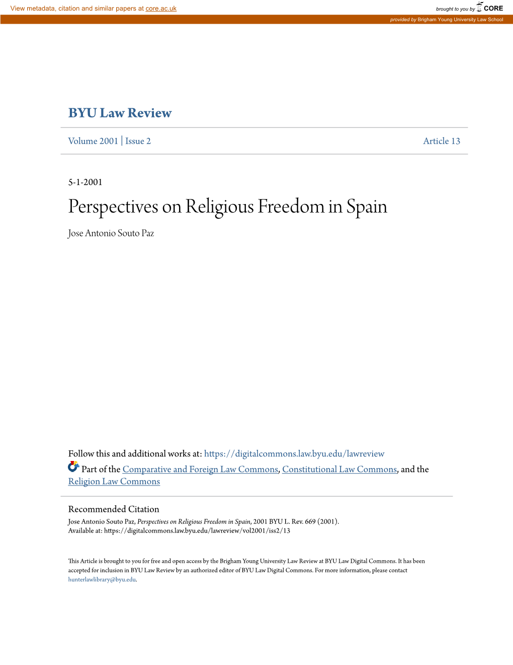 Perspectives on Religious Freedom in Spain Jose Antonio Souto Paz