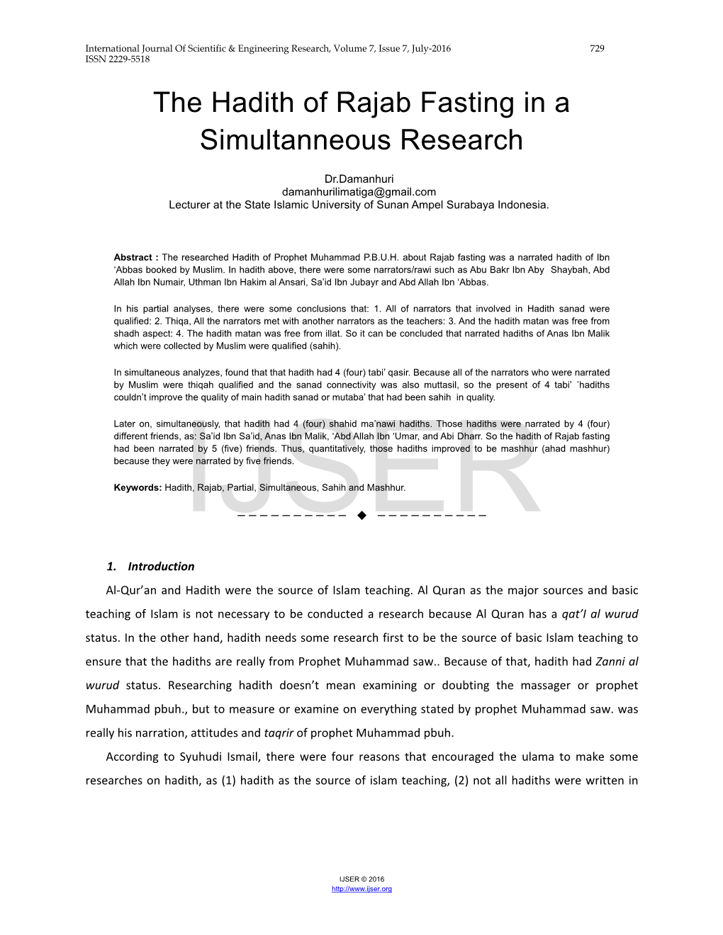 The Hadith of Rajab Fasting in a Simultanneous Research