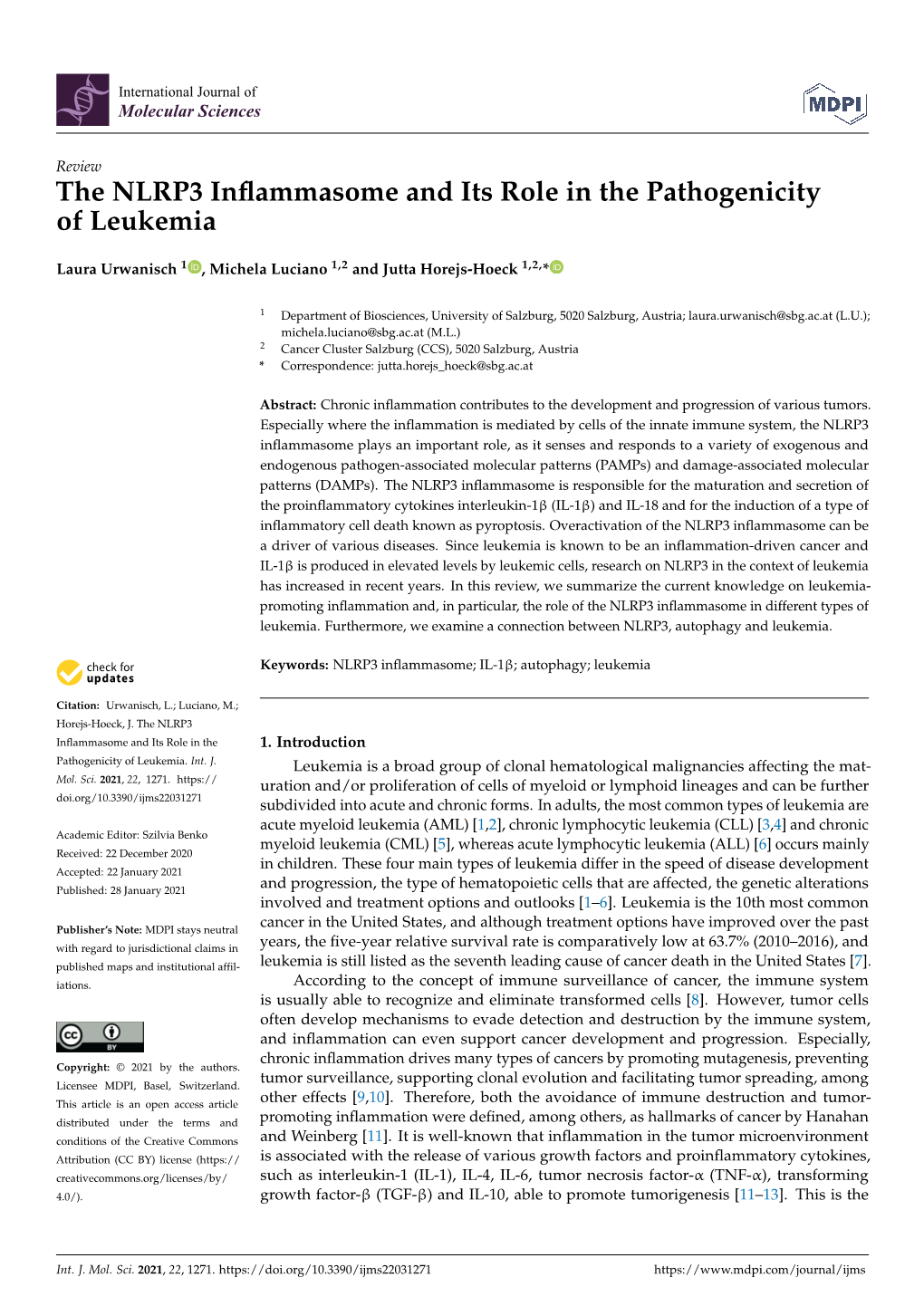 The NLRP3 Inflammasome and Its Role in the Pathogenicity of Leukemia