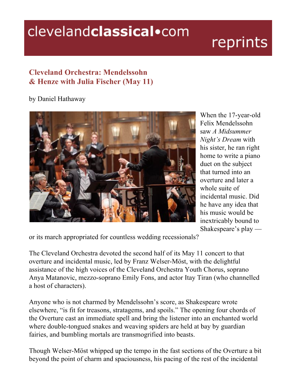 Cleveland Orchestra: Mendelssohn & Henze with Julia Fischer (May