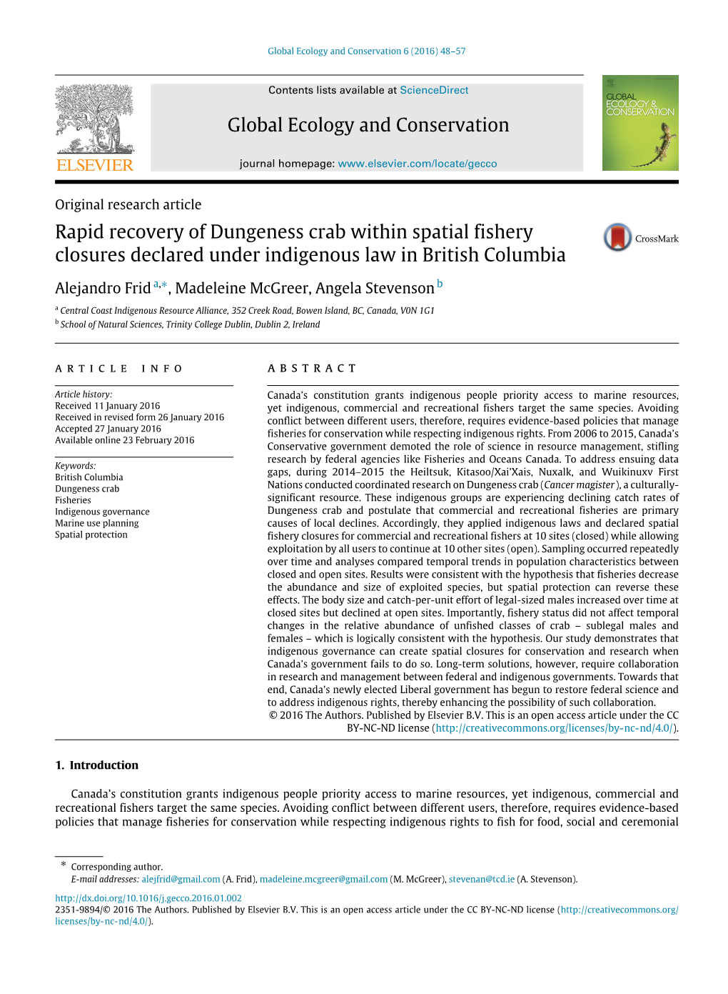 Rapid Recovery of Dungeness Crab Within Spatial Fishery Closures Declared Under Indigenous Law in British Columbia