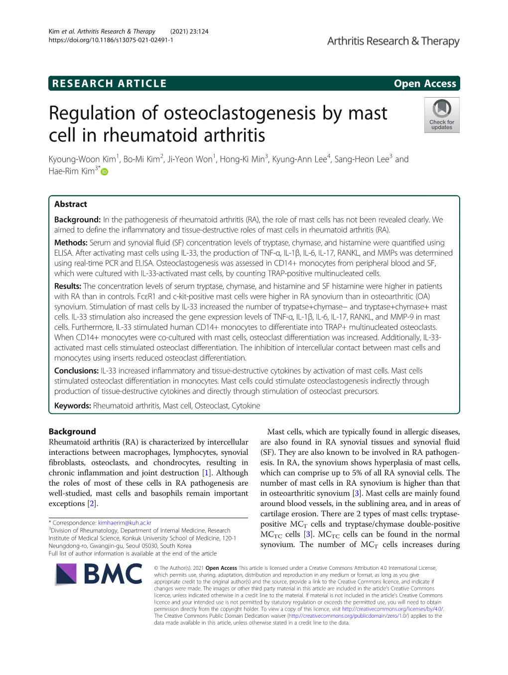 Regulation of Osteoclastogenesis by Mast