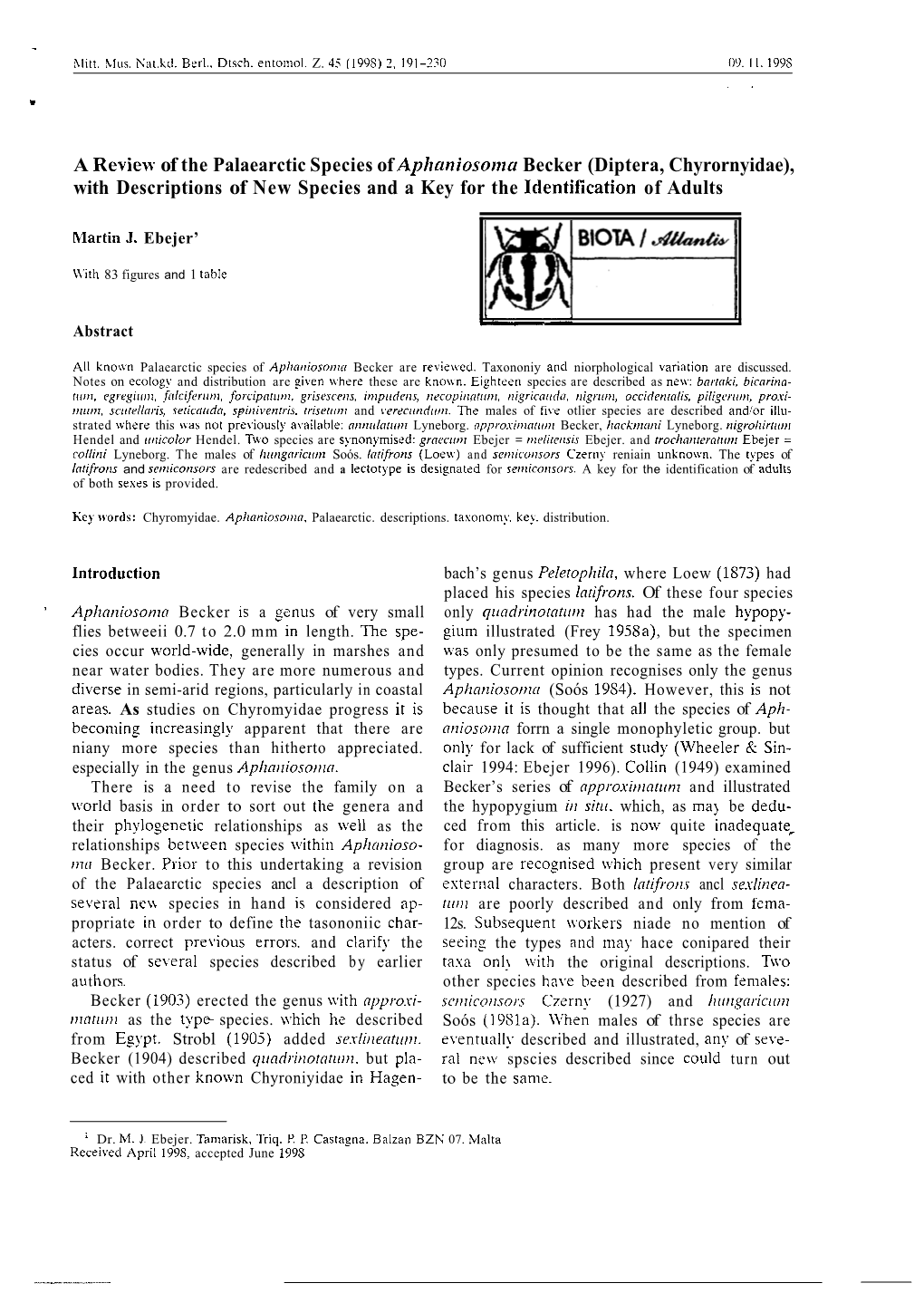 A Review of the Palaearctic Species of Aphciniosonzcr Becker (Diptera, Chyrornyidae), with Descriptions of New Species and a Key for the Identification of Adults