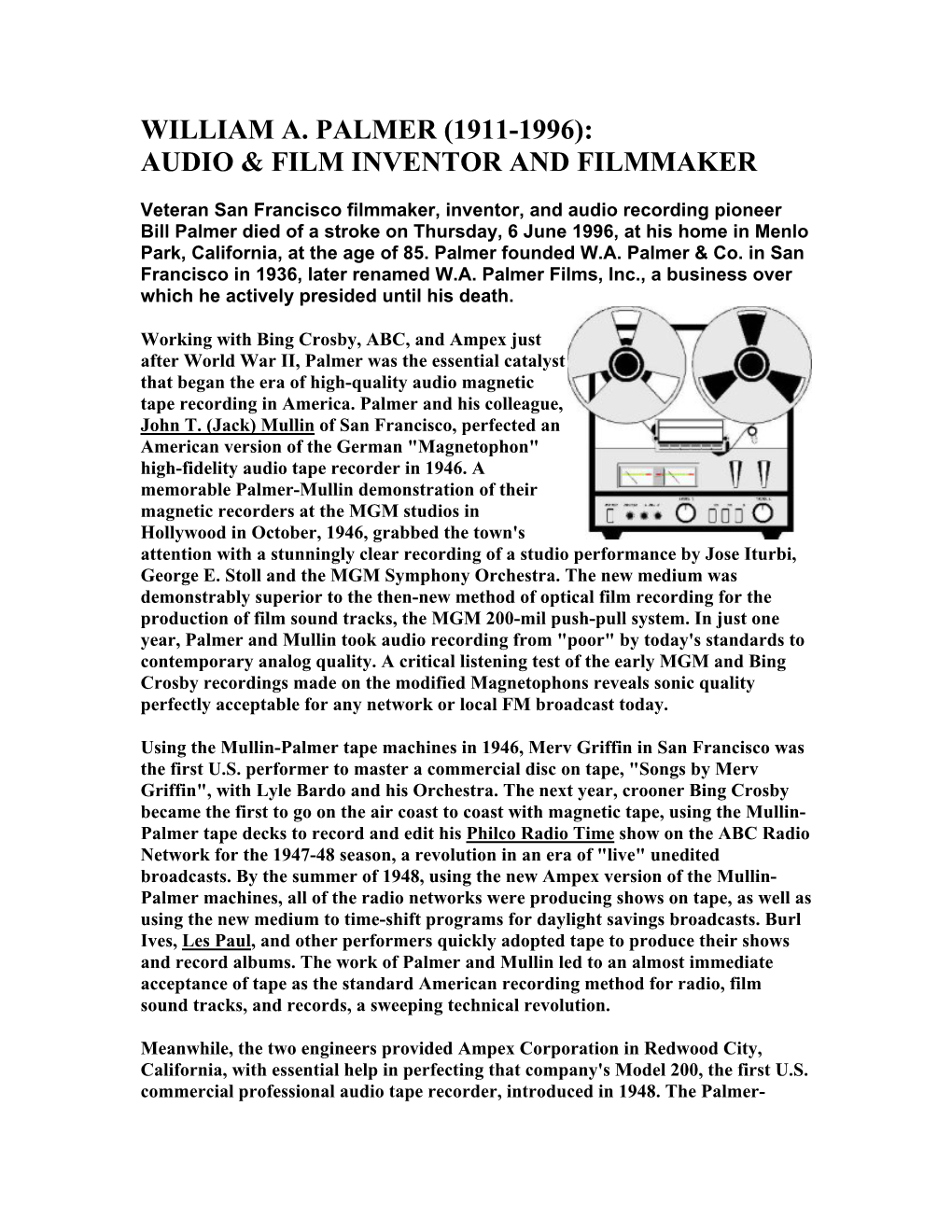 William A. Palmer (1911-1996): Audio & Film Inventor and Filmmaker