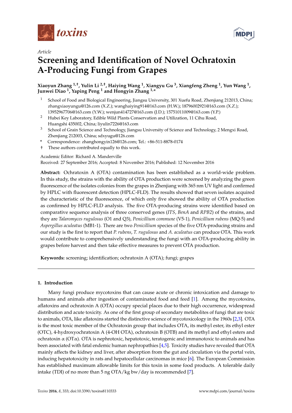 Screening and Identification of Novel Ochratoxin A-Producing Fungi From