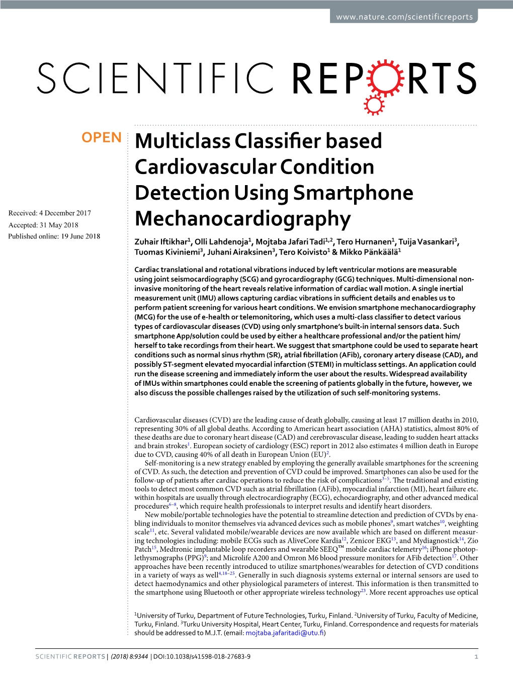 Multiclass Classifier Based Cardiovascular Condition Detection Using Smartphone Mechanocardiography